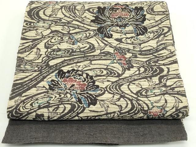 平和屋着物*夏物 八寸名古屋帯 型染め 流水花文 自然布 逸品 CABJ8997rv