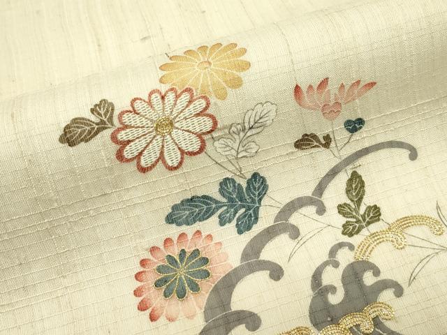 平和屋着物*夏物 太鼓柄袋帯 手描き 紬地 駒刺繍 立波菊文 金糸 正絹 逸品 CABJ9021rv