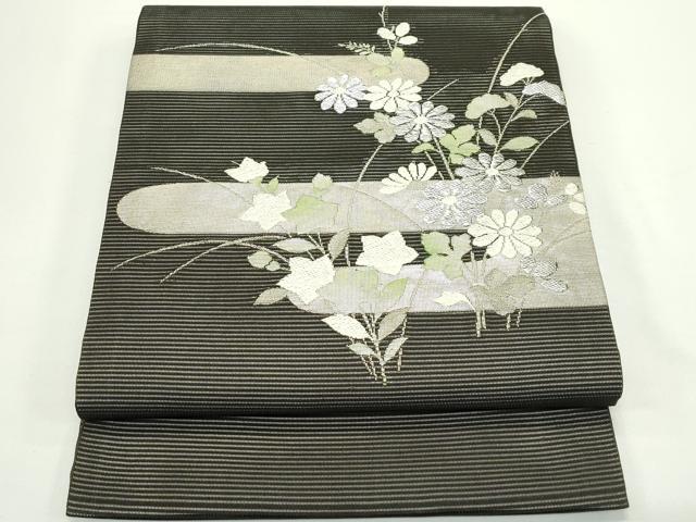 平和屋着物*夏物 九寸開き名古屋帯 エ霞秋草文 黒地 銀糸 正絹 逸品 CABJ9026rv