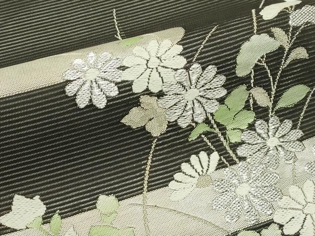 平和屋着物*夏物 九寸開き名古屋帯 エ霞秋草文 黒地 銀糸 正絹 逸品 CABJ9026rv