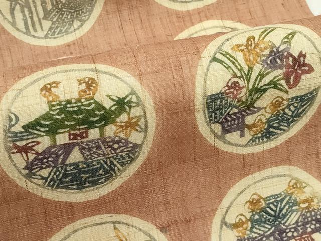 平和屋着物*夏物 九寸名古屋帯 東京染 紅型染 草花風景丸文 麻 逸品 CABJ9096rv