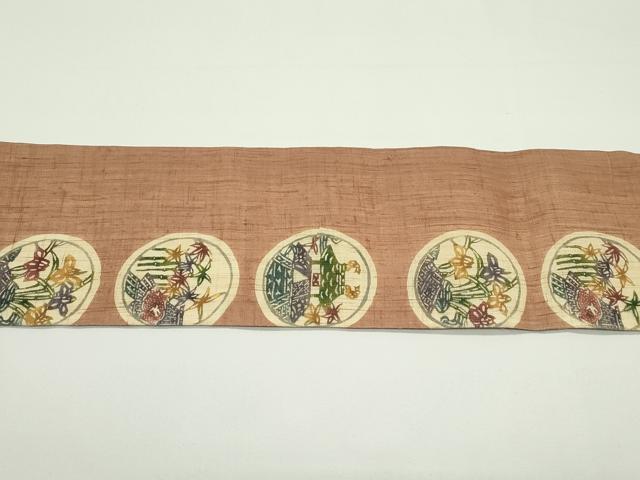 平和屋着物*夏物 九寸名古屋帯 東京染 紅型染 草花風景丸文 麻 逸品 CABJ9096rv