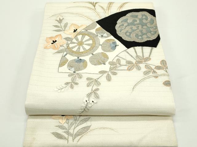 平和屋着物*夏物 アンティーク 大正ロマン 丸帯 引き抜き帯 総手刺繍 扇面草花文 金銀糸 正絹 逸品 CABJ9116rv