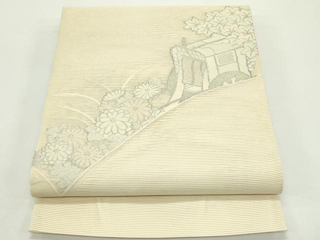 平和屋着物*夏物 太鼓柄袋帯 絽綴れ 御所車菊楓文 銀糸 正絹 逸品 未使用 CABJ9145rv