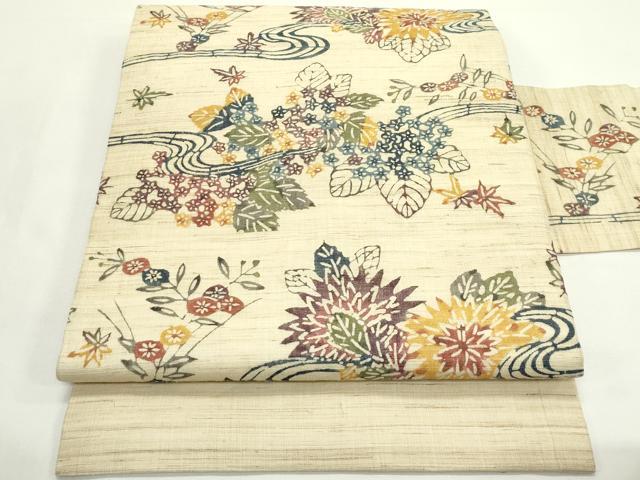 平和屋着物*夏物 九寸名古屋帯 本場琉球紅型 流水草花文 麻 逸品 CABJ9188rv