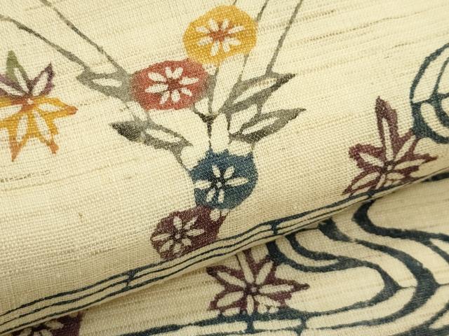 平和屋着物*夏物 九寸名古屋帯 本場琉球紅型 流水草花文 麻 逸品 CABJ9188rv