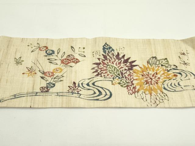平和屋着物*夏物 九寸名古屋帯 本場琉球紅型 流水草花文 麻 逸品 CABJ9188rv