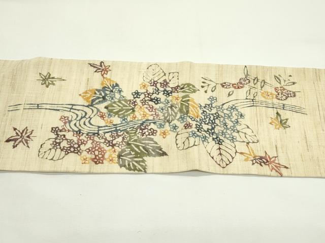 平和屋着物*夏物 九寸名古屋帯 本場琉球紅型 流水草花文 麻 逸品 CABJ9188rv