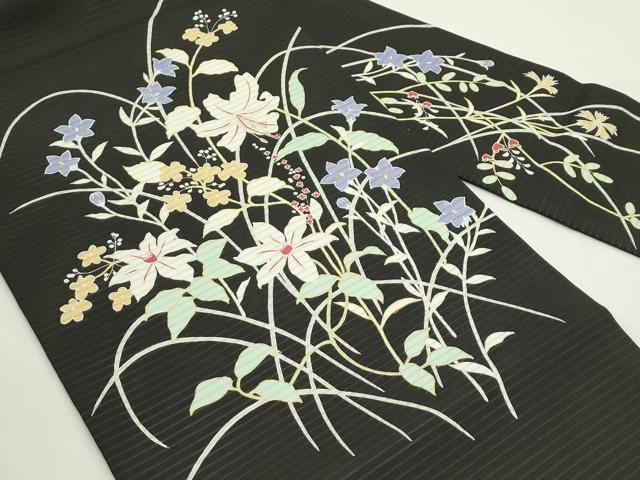 平和屋着物*夏物 絽塩瀬 九寸名古屋帯 草花文 黒地 金銀彩 正絹 逸品 未使用 CABJ9190rv