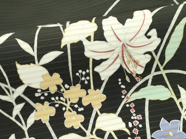 平和屋着物*夏物 絽塩瀬 九寸名古屋帯 草花文 黒地 金銀彩 正絹 逸品 未使用 CABJ9190rv