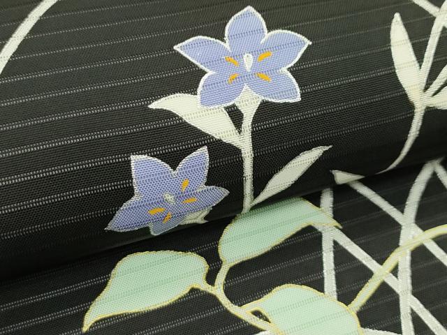平和屋着物*夏物 絽塩瀬 九寸名古屋帯 草花文 黒地 金銀彩 正絹 逸品 未使用 CABJ9190rv