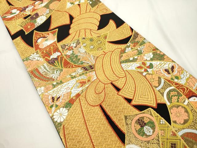 平和屋着物●西陣 河合美術織物謹製 六通柄袋帯 唐織 京西陣織 束ね熨斗花鳥文 黒地 金糸 正絹 逸品 CABJ9241dy
