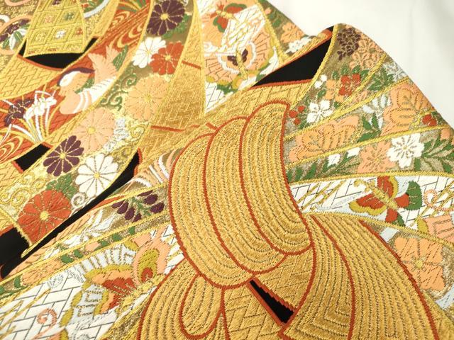 平和屋着物●西陣 河合美術織物謹製 六通柄袋帯 唐織 京西陣織 束ね熨斗花鳥文 黒地 金糸 正絹 逸品 CABJ9241dy