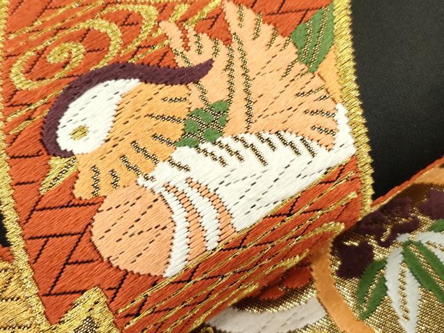 平和屋着物●西陣 河合美術織物謹製 六通柄袋帯 唐織 京西陣織 束ね熨斗花鳥文 黒地 金糸 正絹 逸品 CABJ9241dy