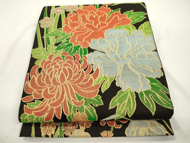 平和屋着物●西陣 川島織物 六通柄 本袋帯 草花文 黒地 金糸 正絹 逸品 CABJ9247dy