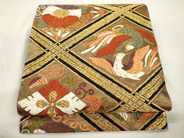 平和屋着物●西陣 河合美術織物謹製 六通柄袋帯 唐織 菱花鳥文 黒地 金糸 三越扱い 正絹 逸品 CABJ9253dy
