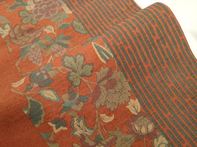 平和屋着物●全通柄袋帯 紬地 更紗花文 正絹 逸品 CABJ9264dy