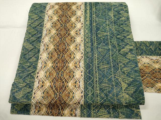 平和屋着物●全通柄九寸名古屋帯 リボン織 幾何学間道 金糸 正絹 逸品 CABJ9281dy