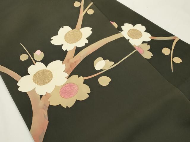 平和屋着物●塩瀬 九寸名古屋帯 ろうけつ染め 枝桜文 黒地 金彩 正絹 逸品 CABJ9287dy