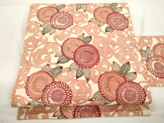 平和屋着物●全通柄九寸名古屋帯 紬地 型染め 草花文 正絹 逸品 CABJ9290dy