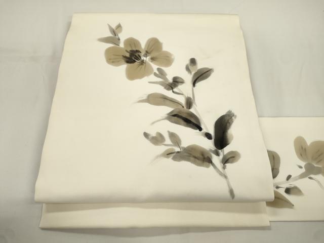 平和屋着物●塩瀬 九寸名古屋帯 作家物 手描き 草花文 正絹 逸品 CABJ9291dy