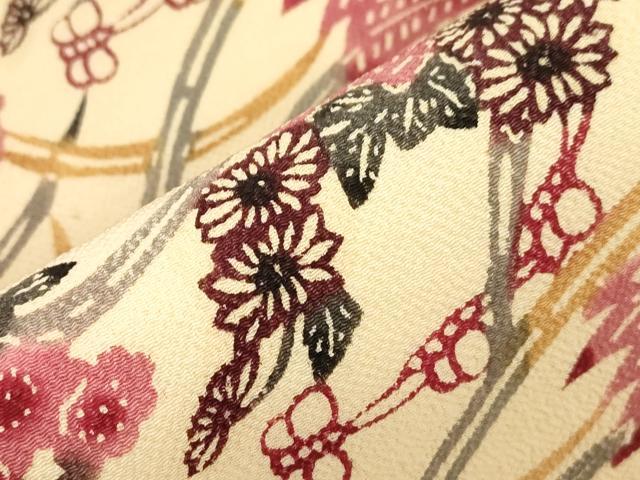 平和屋着物●九寸名古屋帯 型染め 草花文 鬼しぼ縮緬 正絹 逸品 CABJ9293dy