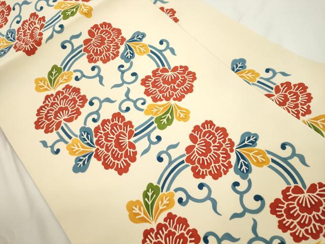 平和屋着物●全通柄九寸名古屋帯 型染め 花唐草丸文 正絹 逸品 CABJ9294dy
