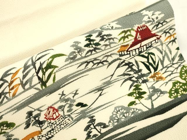 平和屋着物●和染紅型 栗山紅型 栗山吉三郎 九寸名古屋帯 風景文 鬼しぼ縮緬 正絹 逸品 CABJ9308dy
