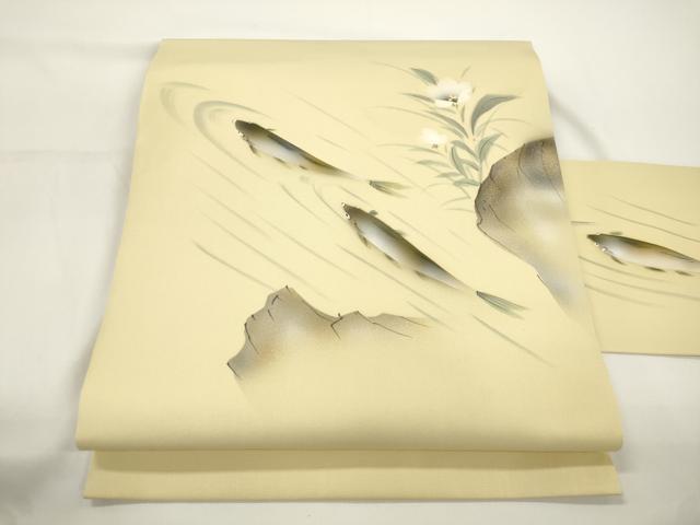 平和屋着物●塩瀬 九寸名古屋帯 手描き 魚 金彩 正絹 逸品 CABJ9314dy