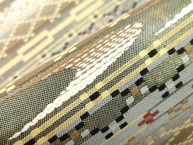 平和屋着物●両面 六通柄袋帯 花織 横段文 金糸 正絹 逸品 未使用 CABJ9338dy