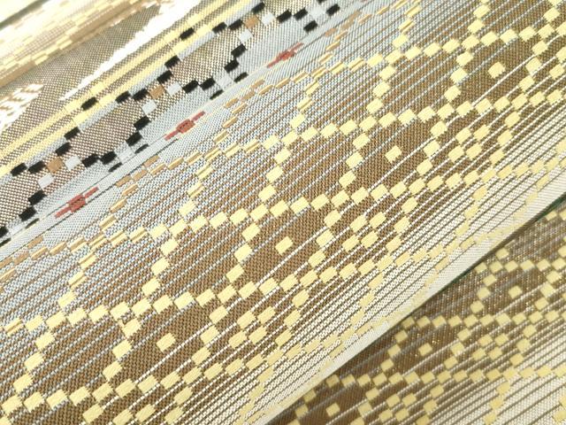 平和屋着物●両面 六通柄袋帯 花織 横段文 金糸 正絹 逸品 未使用 CABJ9338dy