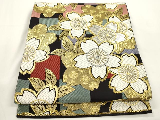 平和屋着物●六通柄袋帯 舞花文 黒地 金銀糸 正絹 逸品 CABJ9354dy