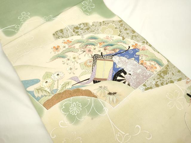 平和屋着物●アンティーク 大正ロマン 丸帯 引き抜き帯 手描き 刺繍 雲取り御所車花文 金銀彩 正絹 逸品 CABJ9356dy