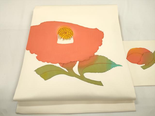 平和屋着物●塩瀬 九寸名古屋帯 作家物 ろうけつ染め 椿 正絹 逸品 CABJ9369dy