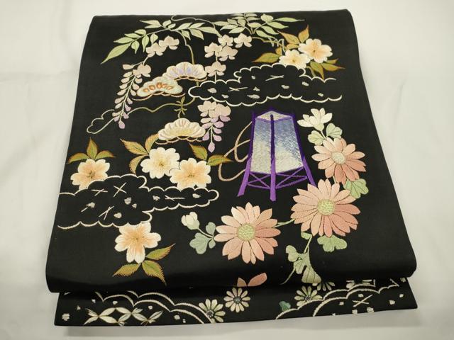 平和屋着物●アンティーク 大正ロマン 太鼓柄 京袋帯 総手刺繍 山乃花 黒地 金糸 正絹 逸品 CABJ9371dy