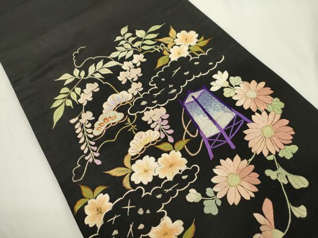 平和屋着物●アンティーク 大正ロマン 太鼓柄 京袋帯 総手刺繍 山乃花 黒地 金糸 正絹 逸品 CABJ9371dy