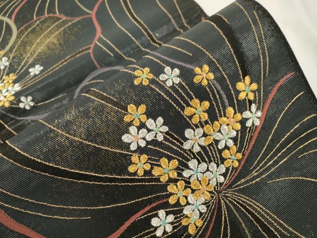 平和屋着物●染色作家 草野一騎 六通柄袋帯 一騎箔 花尽くし文 黒地 金糸 正絹 逸品 CABJ9400dy