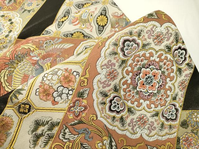 平和屋着物●六通柄袋帯 唐織 更紗松竹梅花鳥文 黒地 金糸 正絹 逸品 CABJ9409dy