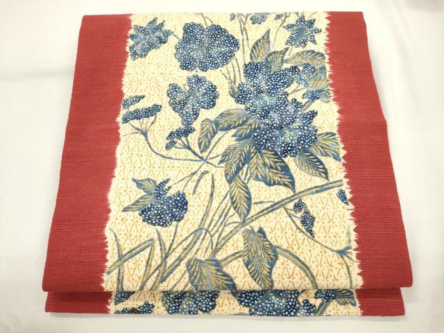 平和屋着物●摺型友禅 京都 多ち花 つけ帯 紬地 草花文 金彩 正絹 逸品 CABJ9411dy