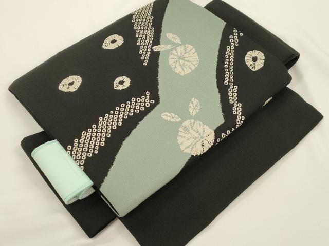 平和屋着物●ワンタッチつけ帯 草花文 黒地 鬼しぼ縮緬 正絹 逸品 CABJ9435dy