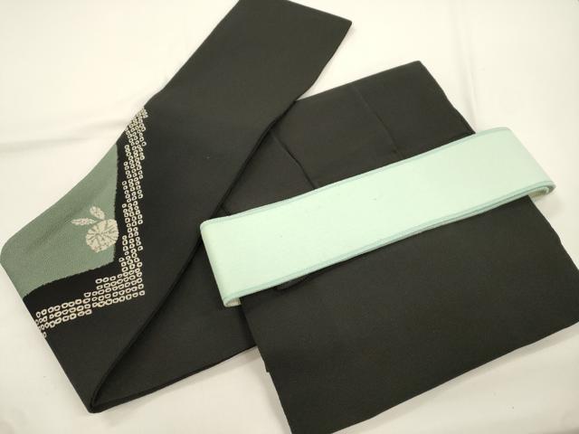 平和屋着物●ワンタッチつけ帯 草花文 黒地 鬼しぼ縮緬 正絹 逸品 CABJ9435dy