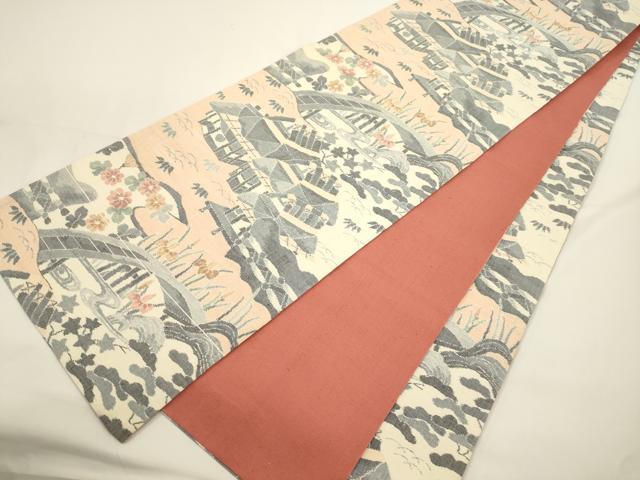 平和屋着物●両面 全通柄袋帯 小千谷紬 風景文 正絹 逸品 CABJ9450dy