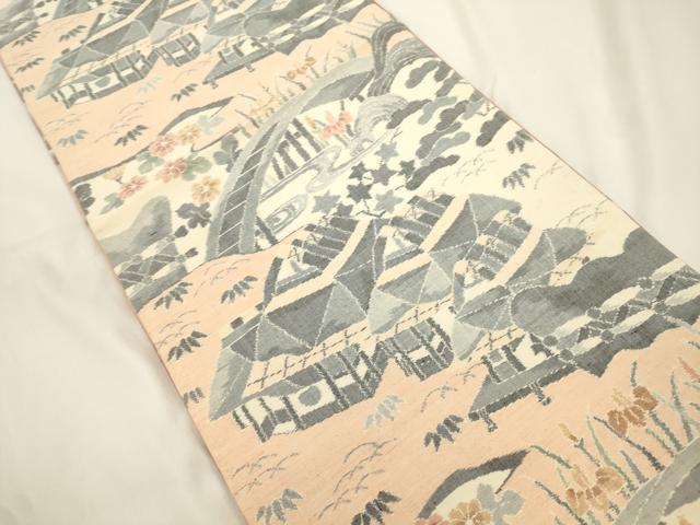 平和屋着物●両面 全通柄袋帯 小千谷紬 風景文 正絹 逸品 CABJ9450dy