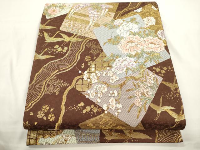 平和屋着物●六通柄袋帯 唐織 色紙重ね飛鶴花文 金糸 正絹 逸品 CABJ9455dy