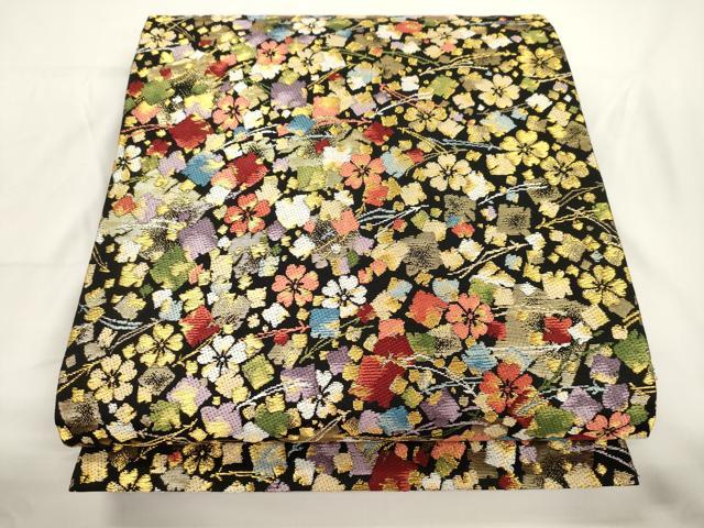 平和屋着物●六通柄袋帯 枝垂桜切金散し 黒地 金糸 正絹 逸品 CABJ9461dy