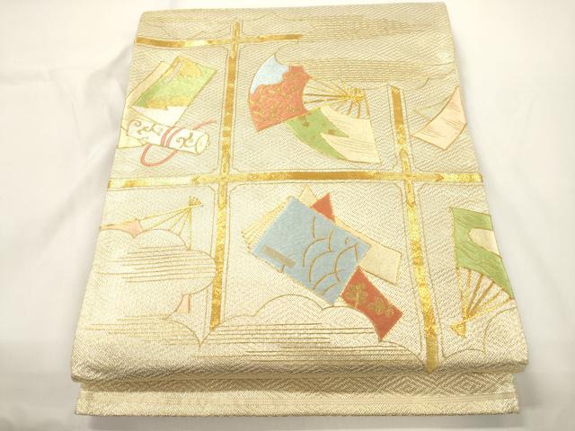 平和屋着物●西陣 川島織物 太鼓柄袋帯 駒刺繍 冊子扇面文 金糸 正絹 逸品 CABJ9472dy