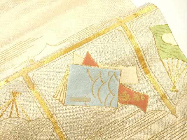 平和屋着物●西陣 川島織物 太鼓柄袋帯 駒刺繍 冊子扇面文 金糸 正絹 逸品 CABJ9472dy