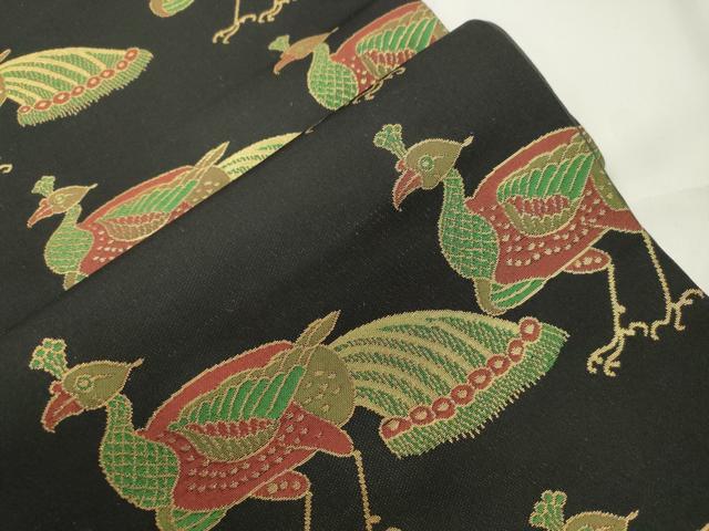 平和屋着物●全通柄袋帯 孔雀文 黒地 金糸 正絹 逸品 CABJ9483dy