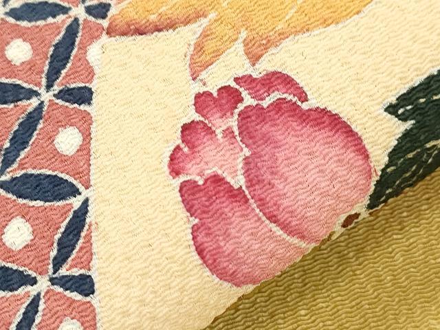 平和屋着物●九寸名古屋帯 友禅 作家物 型染め 草花文 鬼しぼ縮緬 正絹 逸品 CABJ9488dy