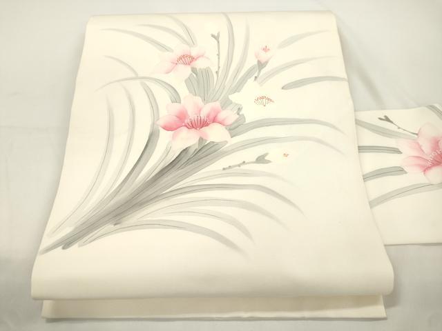 平和屋着物●塩瀬 九寸名古屋帯 手描き 草花文 正絹 逸品 CABJ9500dy